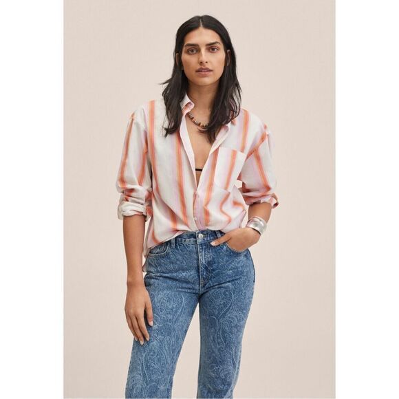 Mango Tops - Mango Shirt Women's Large Button Up Longs Sleeve Striped Pocket Casual